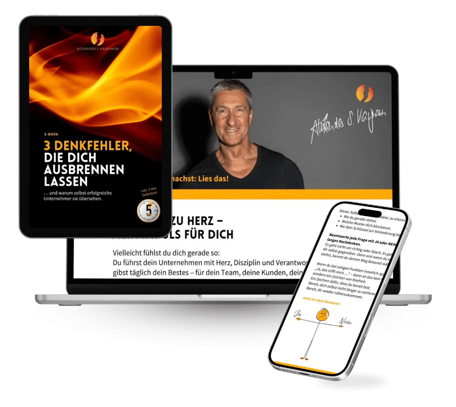 Produktmockup zeigt Tablet, Desktop und Smartphone mit E-Book und Online-Kurs