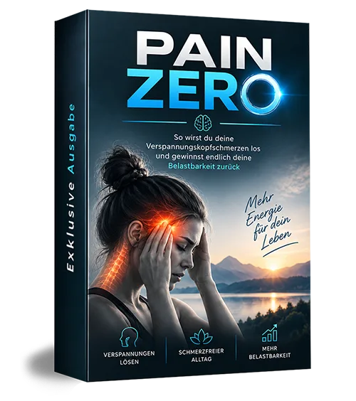 Pain Zero Exklusive Ausgabe Produktbox mit Frau, glühender Nackenbereich, Bergsee, Text Verschiebungen Lösen, Schmerzfrei All