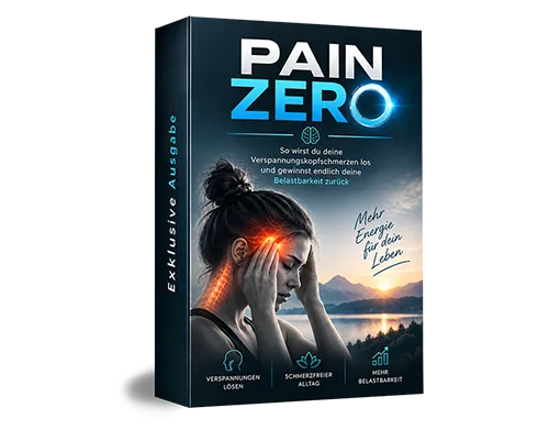 Pain Zero Produktbox mit Frau, die Kopf hält, glühender Nackenbereich, Bergsee im Hintergrund