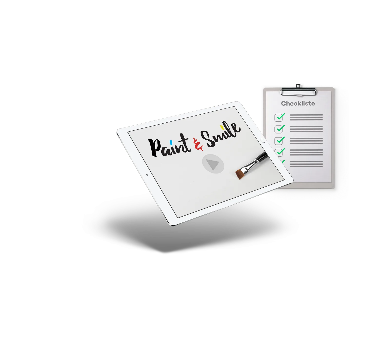 iPad mit Paint & Smile Logo und Play-Symbol neben einer ausgedruckten Checkliste mit grünen Häkchen