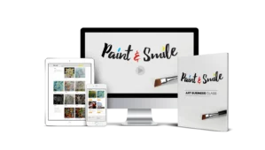 Paint & Smile Art Business Class auf mehreren Geräten: Desktop-Monitor, Tablet und Smartphone mit Kursinhalten, sowie gedruck