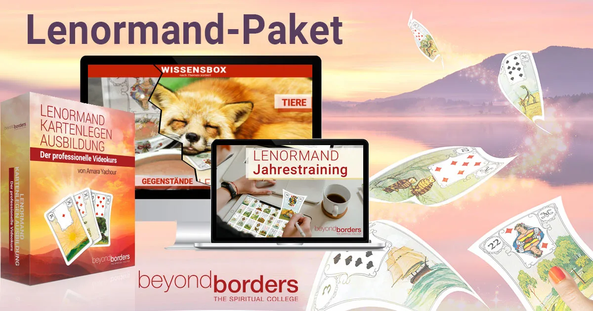 Hero-Banner mit Lenormand-Paket bestehend aus Videokurs, Wissensbox und Jahrestraining auf Sonnenaufgang-Hintergrund