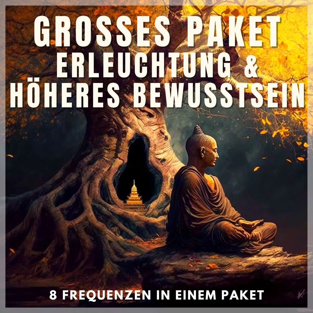 Mönch sitzt meditierend vor Baum-Portal mit goldenem Licht und Tempel