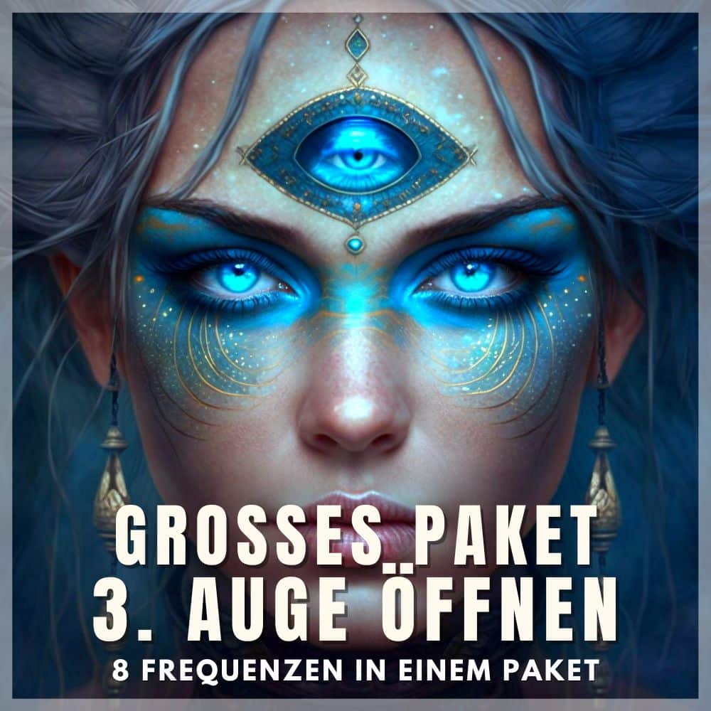 Frau mit leuchtenden blauen Augen und goldenem drittes Auge Symbol auf Stirn