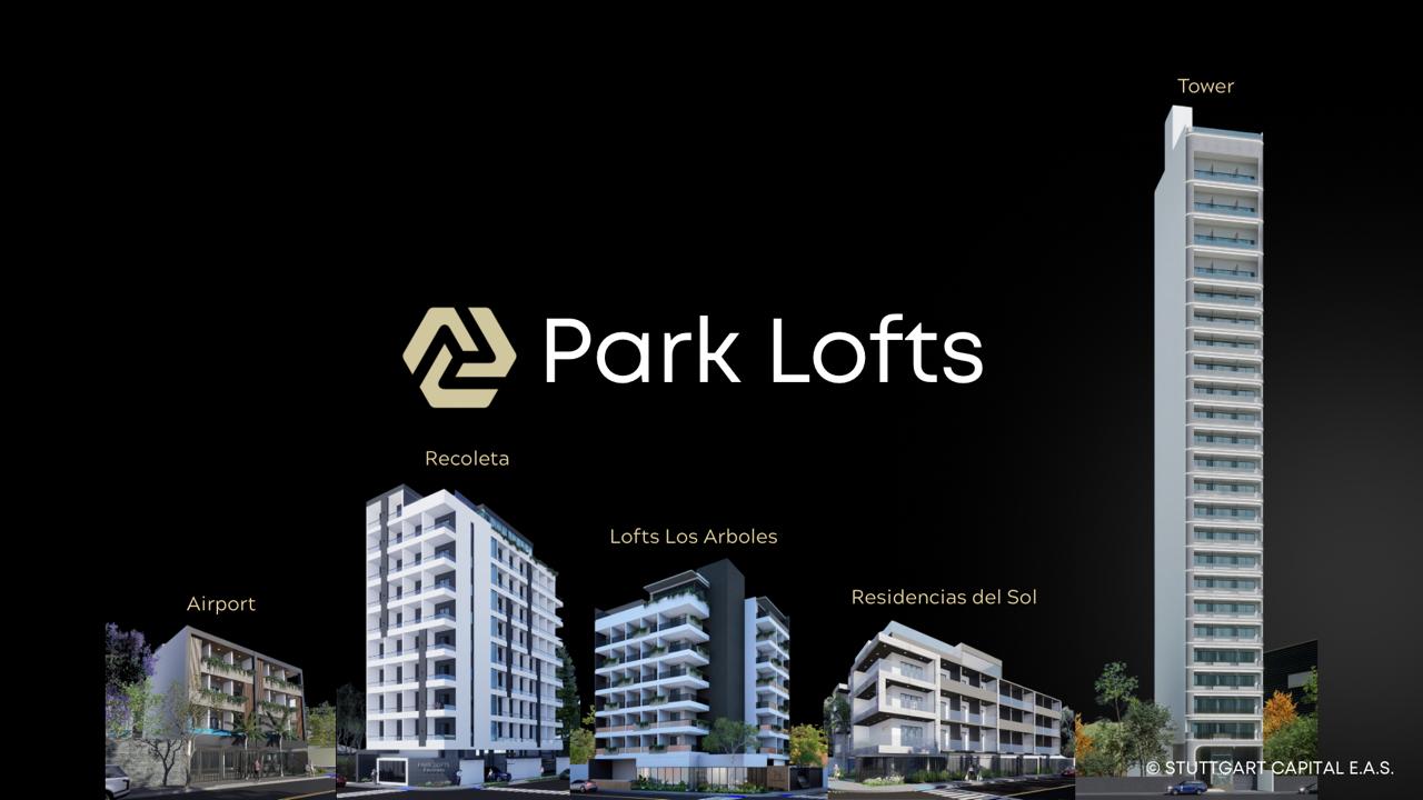Park Lofts Projektübersicht mit vier modernen Wohngebäuden auf schwarzem Hintergrund