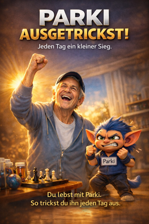 Motivationsbild mit Mann und Parki-Charakter, Faustsymbol und Aufschrift ausgetrickst