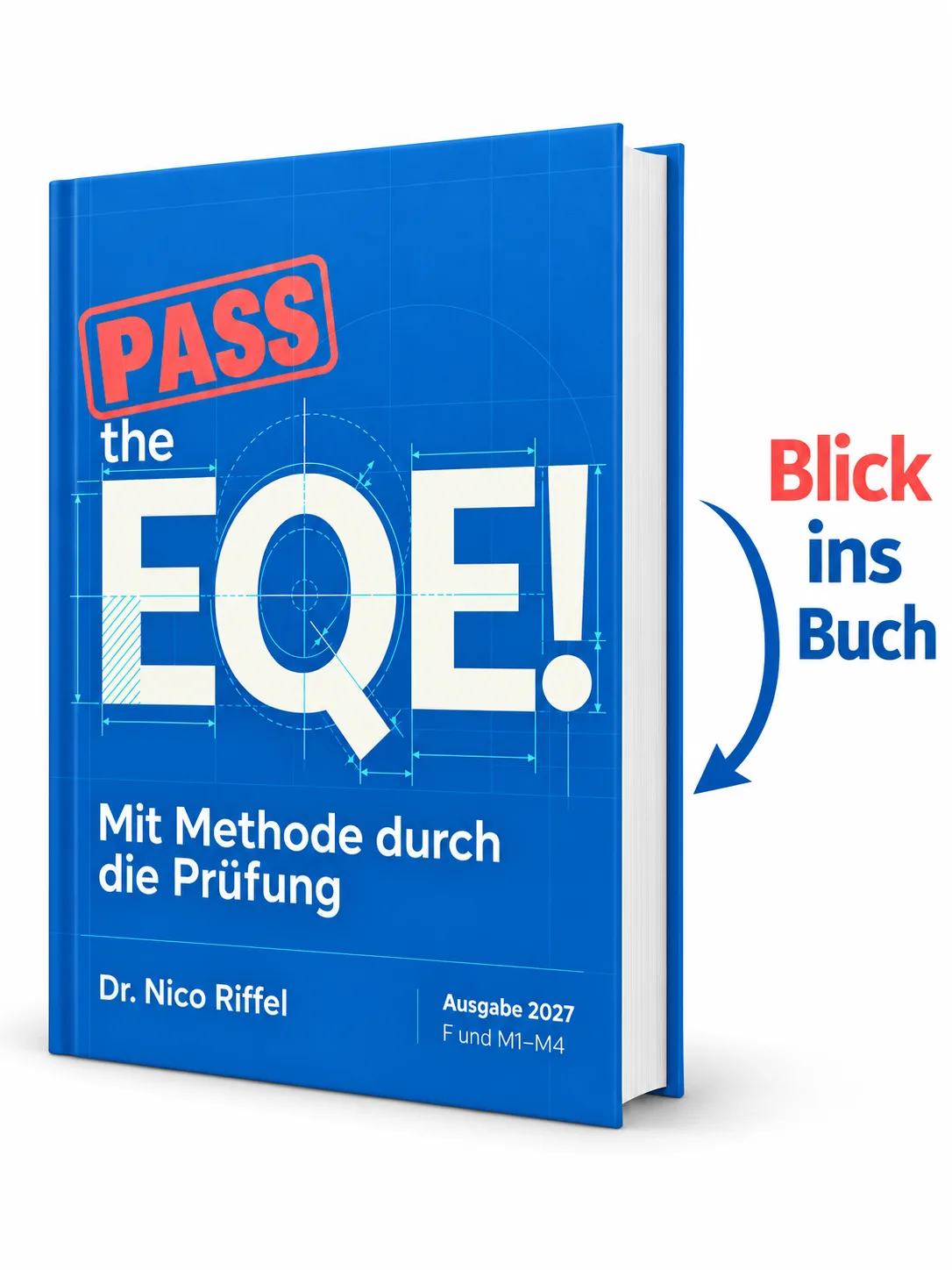 Buchcover Pass the EQE! 2027 mit blauem Pfeil und Beschriftung Blick ins Buch zur Leseprobe