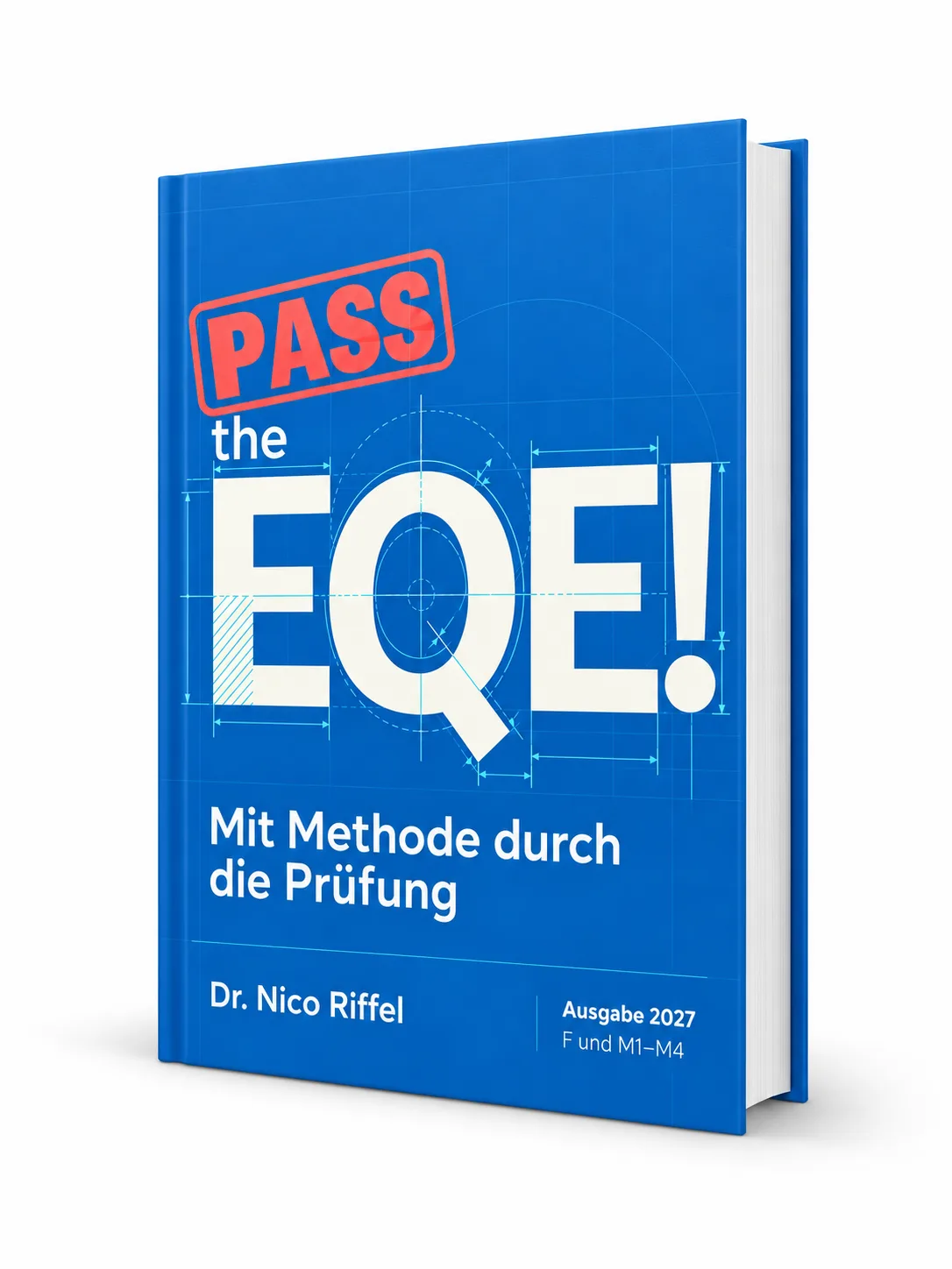3D-Darstellung des Buches Pass the EQE! 2027 als geöffnete Hardcover-Ausgabe mit Bauplan-Design
