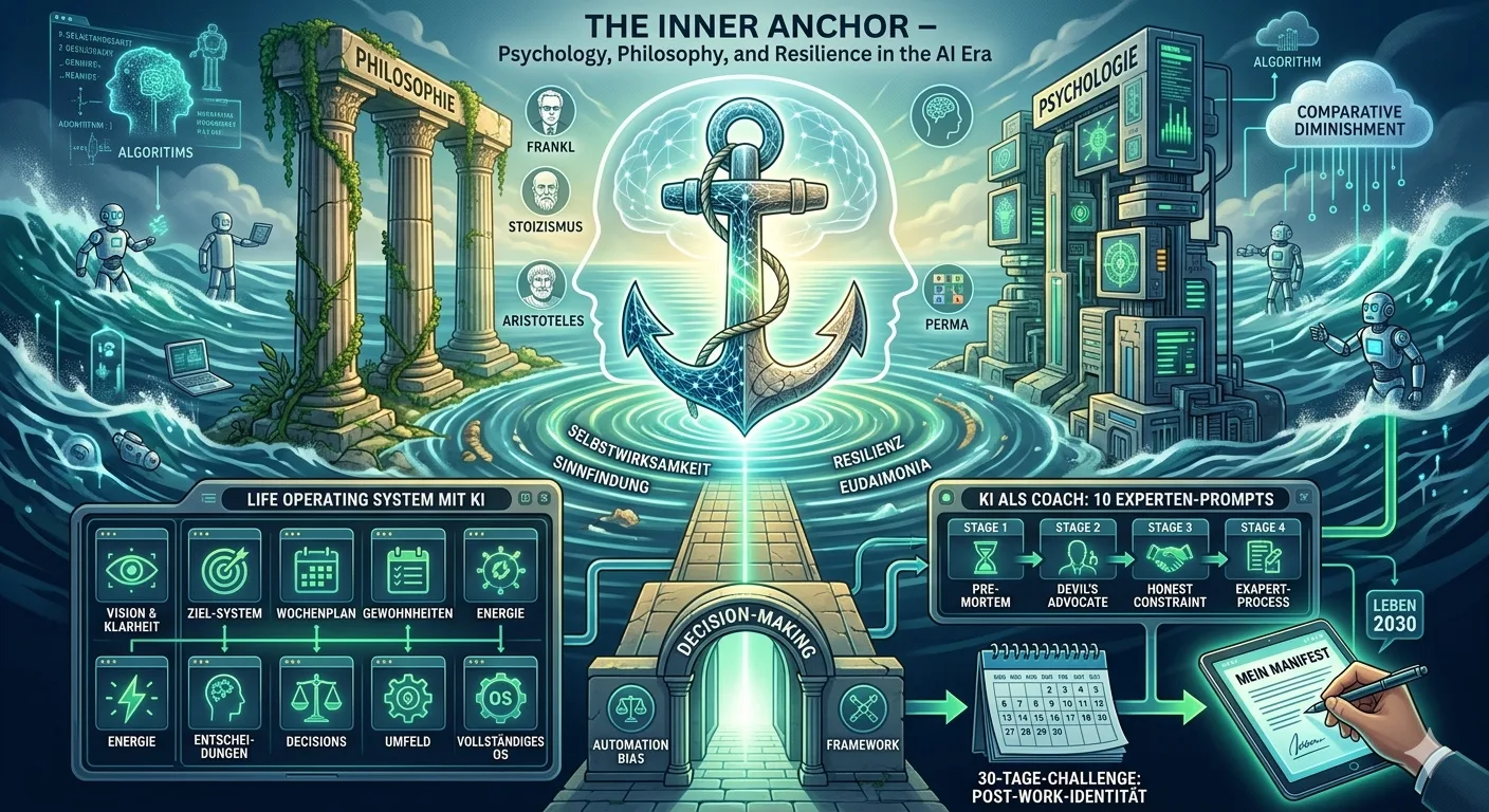 Infografik mit Anker, Säulen, Roboter und philosophischen Konzepten zum Thema Inner Anchor