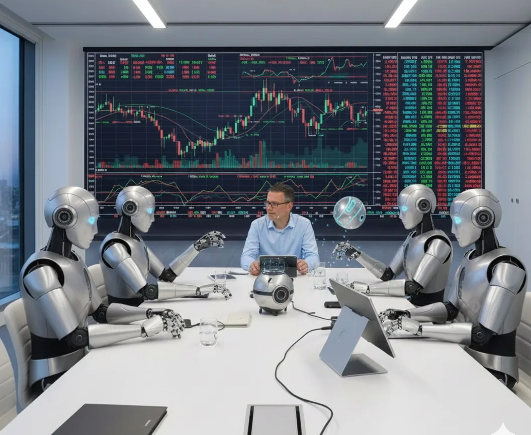Mann sitzt mit sechs Robotern am Konferenztisch vor großem Finanzbildschirm