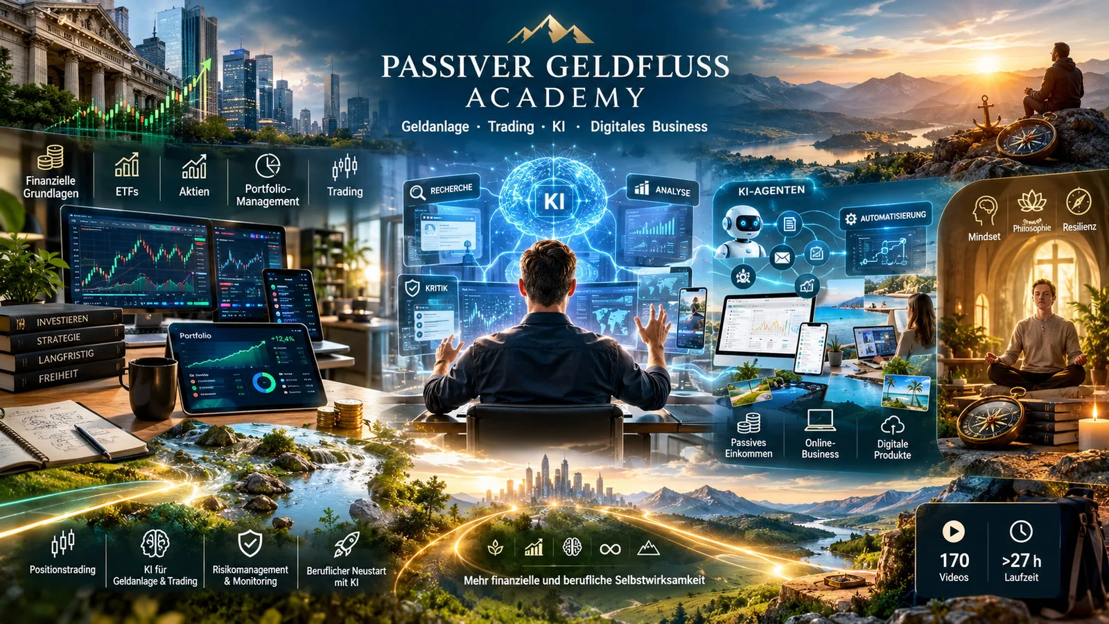 Großes Infografik-Banner 'Passiver Geldfluss Academy' mit Kursen, KI und Lifestyles