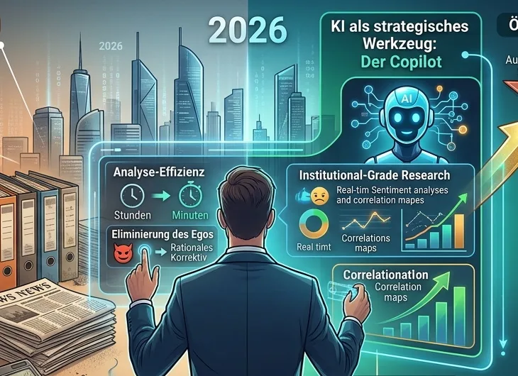 Infografik zu KI als strategisches Werkzeug 2026 mit Copilot, Analyse-Effizienz und Institutional-Grade Research