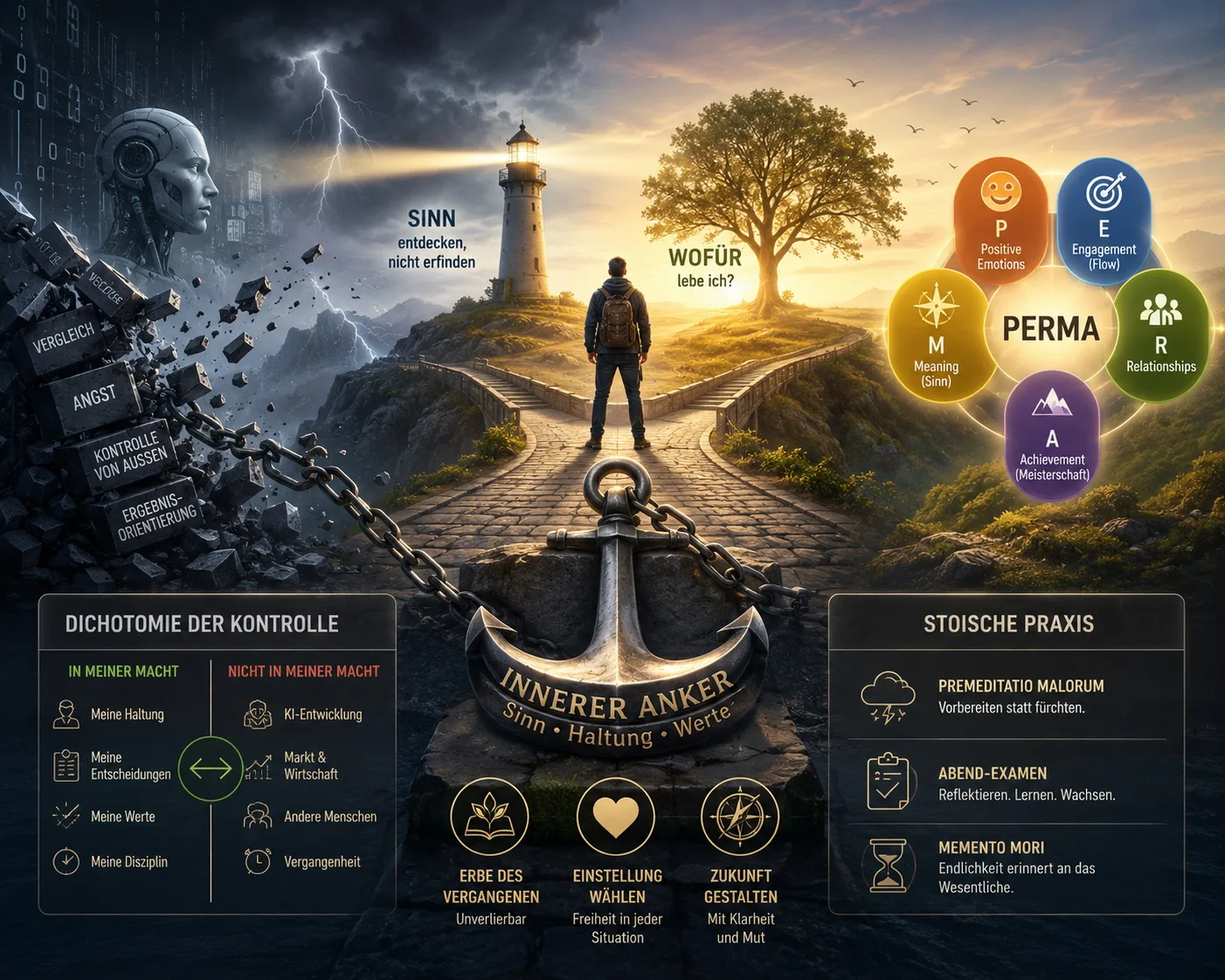 Infografik zum Inneren Anker Modul mit PERMA-Modell, Dichotomie der Kontrolle und stoischer Praxis