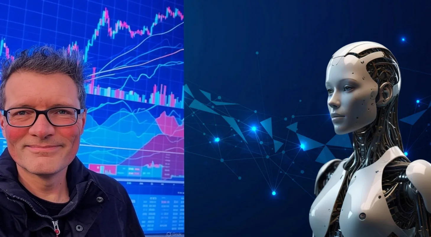 Mann mit Brille vor Finanzcharts neben AI-Roboter-Kopf mit Neural-Hintergrund