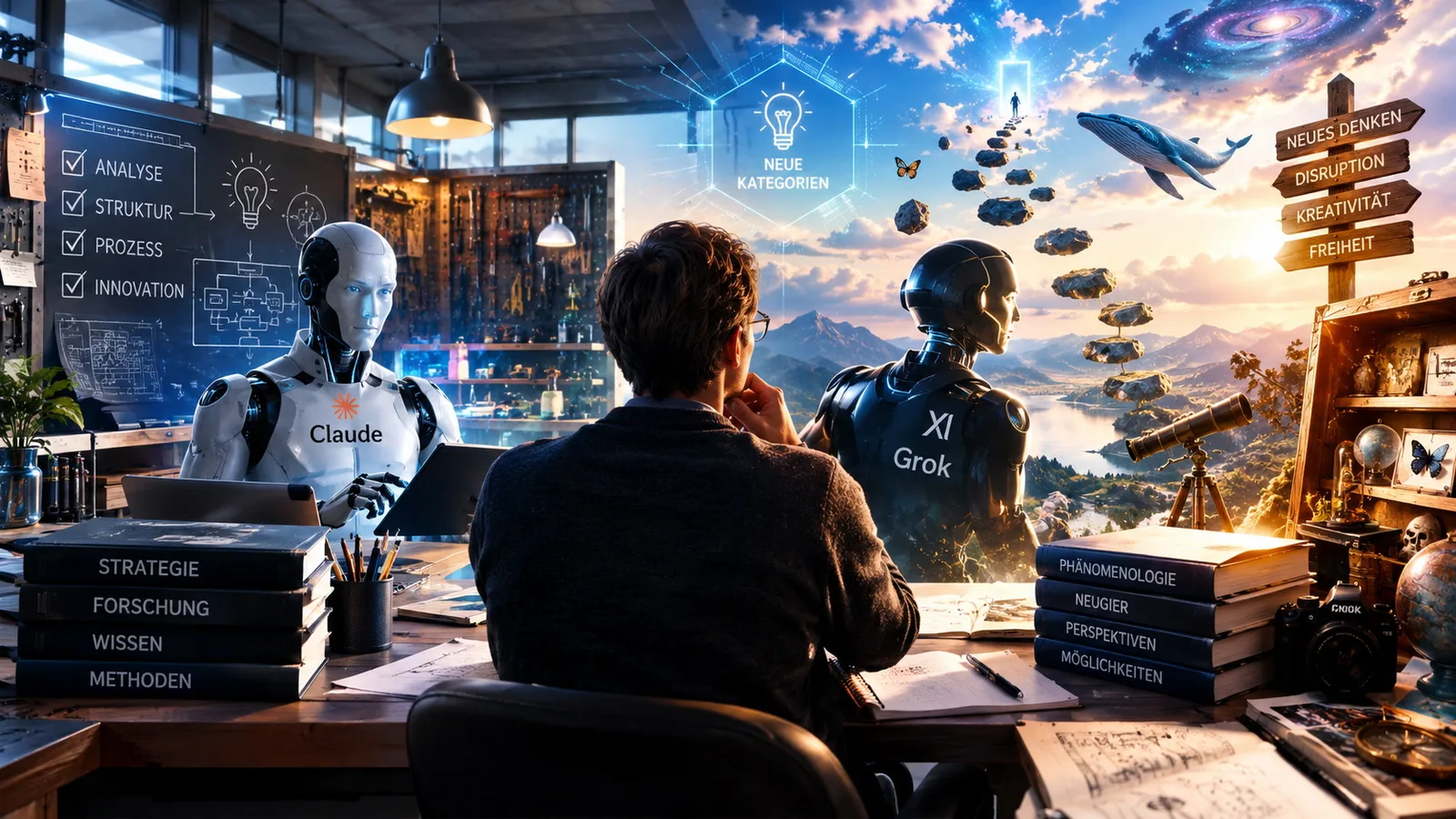 Mensch sitzt mit zwei AI-Robotern an Schreibtisch mit Büchern und Berglandschaft im Hintergrund