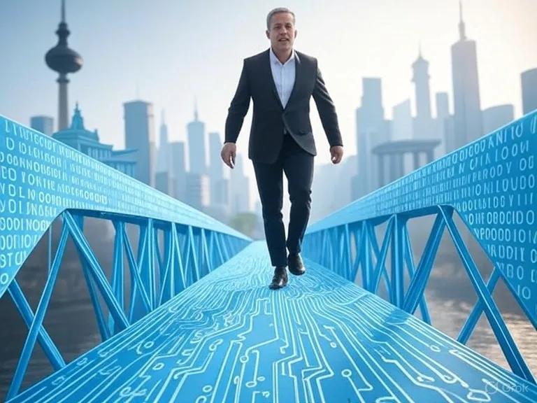 Geschäftsmann läuft über digitale Brücke mit Binärcode über Stadt