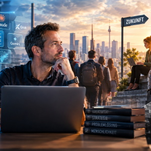 Mann am Laptop mit Skyline und Future-Symbolen im Hintergrund, Schriftzug 'ZUKUNFT'