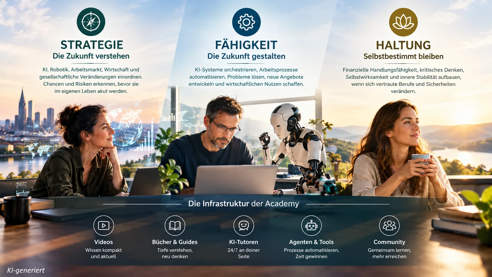 Infografik mit drei Säulen: Strategie, Fähigkeit, Haltung mit Icons und Personen