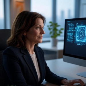 Frau im Business-Anzug sitzt am Schreibtisch vor Monitor mit KI-Interface-Grafik