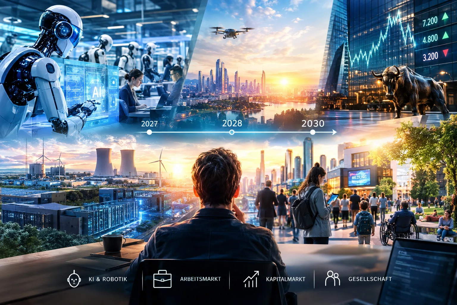 Zukunftsszenario mit Roboter, Mensch, Stadt und Zeitstrahl 2027-2028-2030 mit Symbolen für KI, Arbeitsmarkt, Kapitalmarkt und