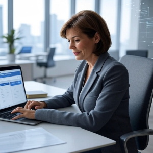 Frau im Blazer arbeitet am Laptop im modernen Büro mit großem Fenster