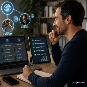 Mann schaut auf Laptop-Screen mit KI-Lernpfad-Grafik, Icons und Metriken