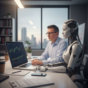 Mann am Laptop sitzt neben Roboter vor Fenster mit Stadtblick