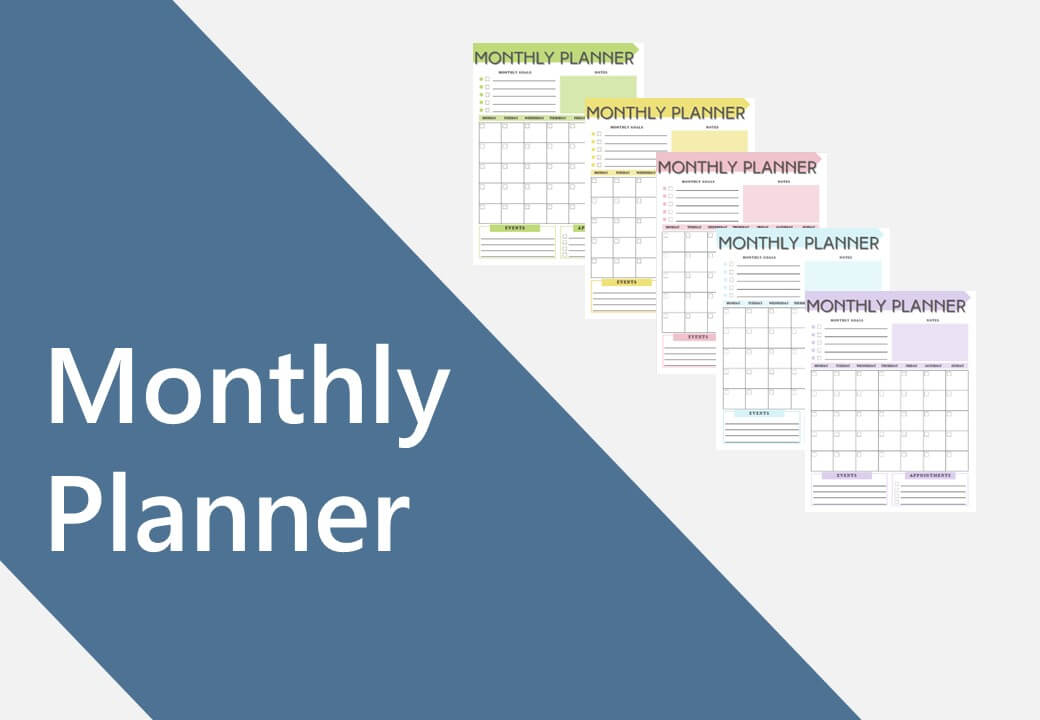Monthly Planner PDF-Vorlage Hero mit fünf verschiedenfarbigen Monatsplaner-Designs