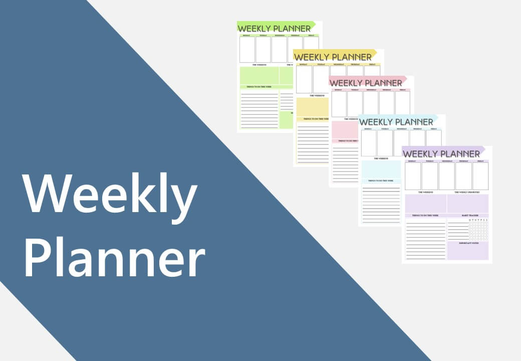 Weekly Planner PDF-Vorlage Hero mit fünf verschiedenfarbigen Wochenplaner-Designs