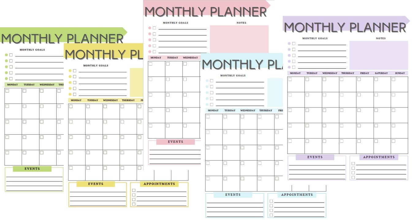 Fünf Monthly Planner PDF-Vorlagen in Grün, Gelb, Rosa, Blau und Violett mit Monatszielen und Terminen