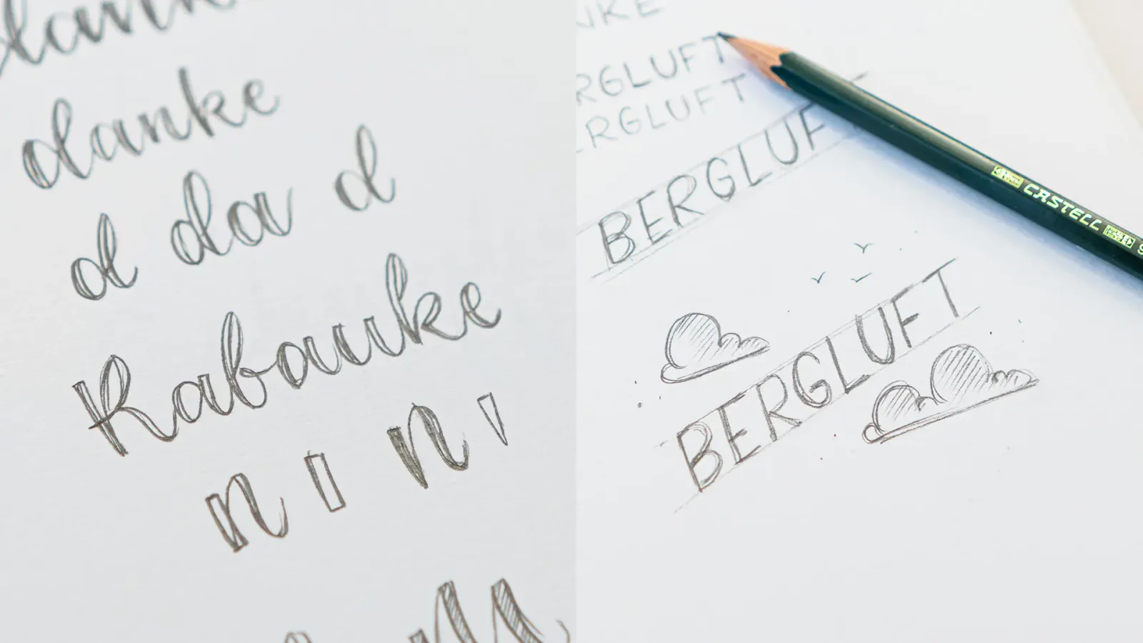Handschriftliche Lettering-Übungen auf Papier mit Bleistift und Beispiel-Wörter