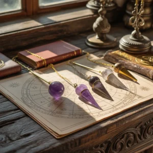 Pendel über Astrologie-Rad mit Tarot-Karten, Kristallen und Vintage-Dekoration