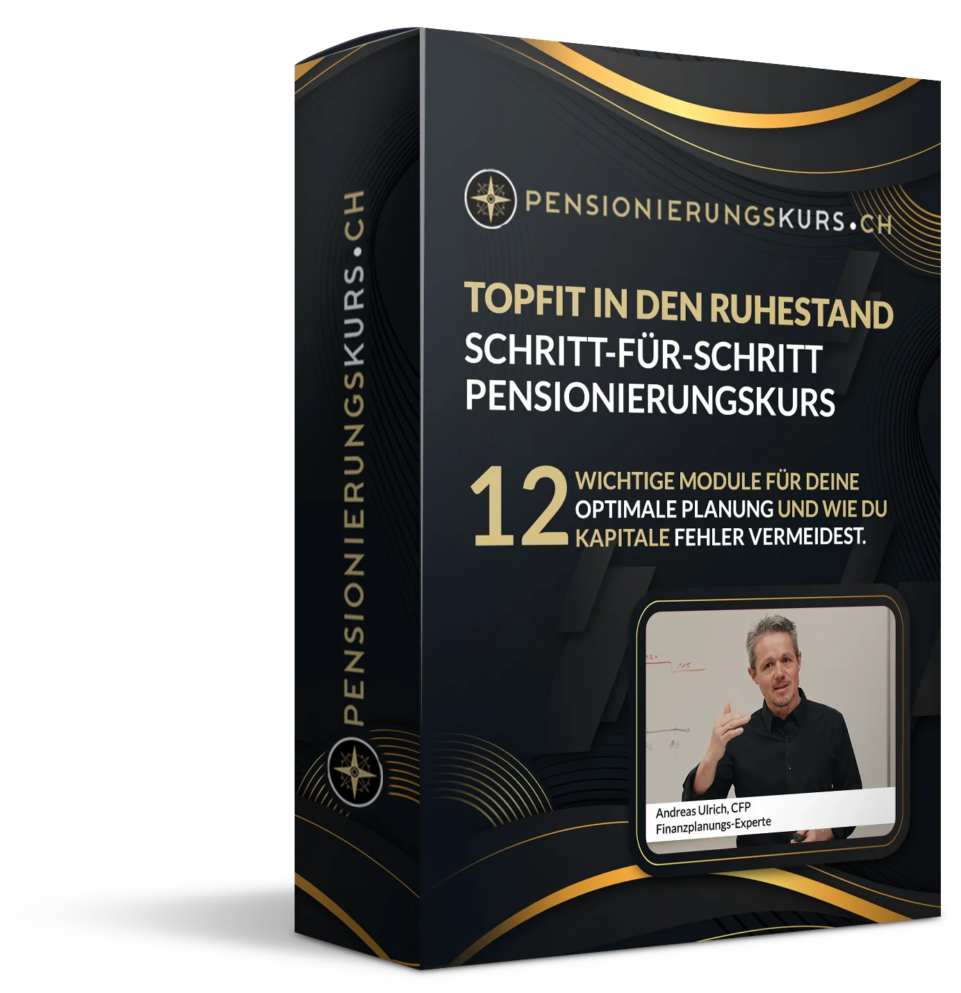 3D-Box des Pensionierungskurs Premium mit schwarzem Design und goldenen Akzenten
