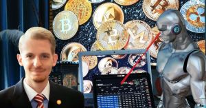 Christoph Neuwirth mit Kryptowährungen und Trading-Chart im Hintergrund