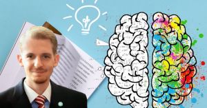 Christoph Neuwirth mit Gehirn-Illustration und Lernmaterialien