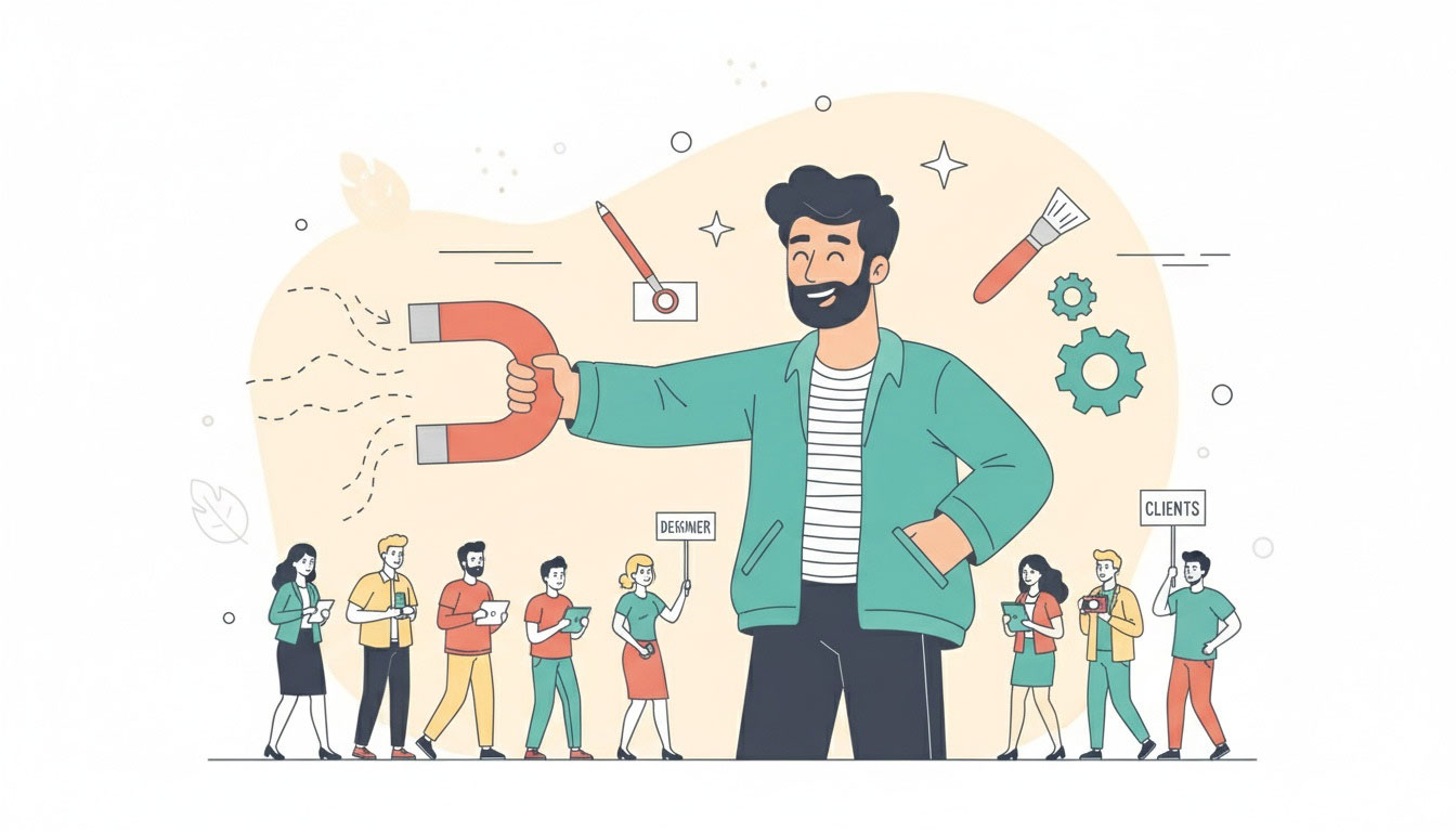 Persönliche Projekte – Videokurs für Kreativ-Marketing 5 Illustration eines Mannes mit Magnet, der kleine Personen anzieht, umgeben von Designtools und Zahnrädern
