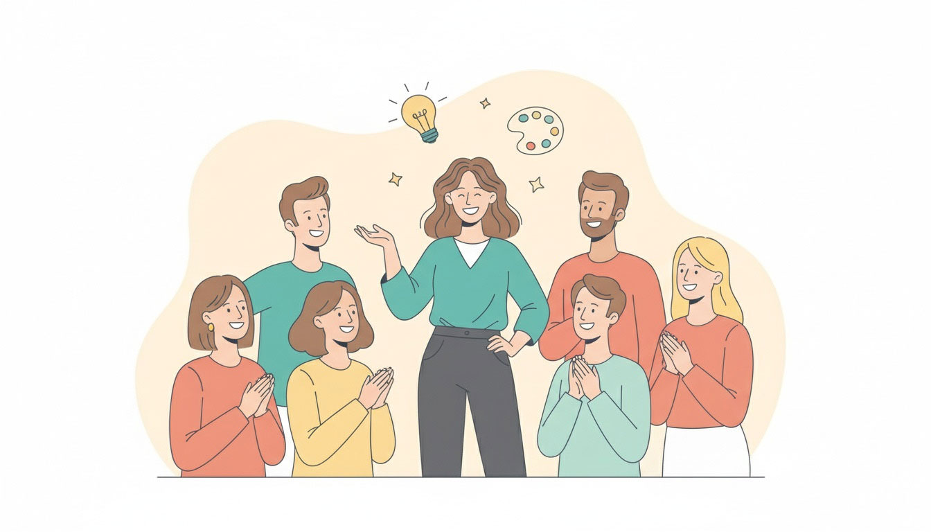 Persönliche Projekte – Videokurs für Kreativ-Marketing 2 Illustrierte Gruppe von 6 Personen um eine Kursleiterin herum, die kreativ zusammenarbeitet mit Symbolen für Ideen und Kreati
