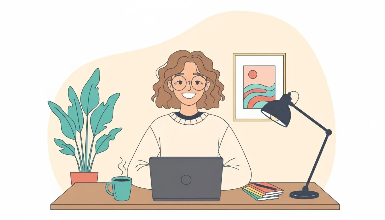 Persönliche Projekte – Videokurs für Kreativ-Marketing 6 Illustration einer Frau am Laptop im home office mit Pflanze, Lampe und Kunstbild im Hintergrund