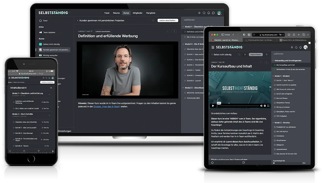 Persönliche Projekte – Videokurs für Kreativ-Marketing 1 Mockup des Online-Kurses SELBSTSTÄNDIG auf Laptop, Tablet und Smartphone mit Video des Autors und Lektionsinhalte