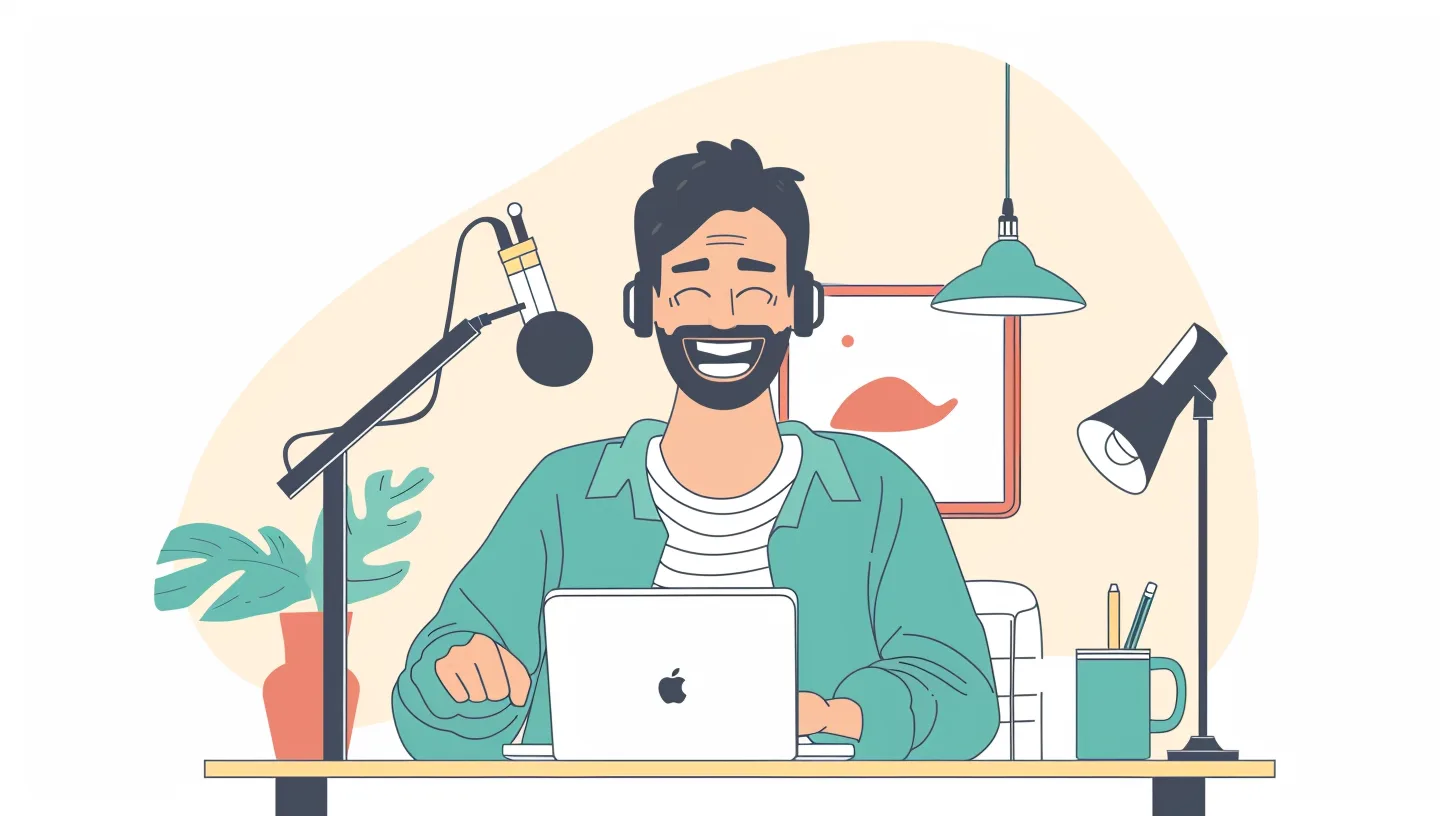 Persönliche Projekte – Videokurs für Kreativ-Marketing 3 Illustration eines lachenden Mannes mit Kopfhörern und Laptop, umgeben von Podcast-Equipment und Designelementen