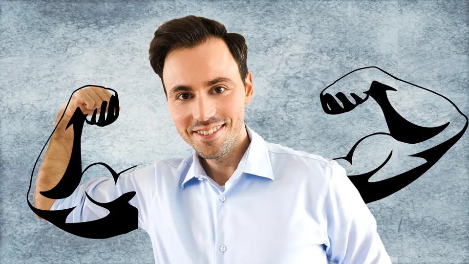 Persönlichkeitsentwicklung – Jeden Tag ein bisschen besser! 6 Lächelnder Mann in weißem Hemd mit gezeichneten Muskeln symbolisiert Motivation und Selbstvertrauen