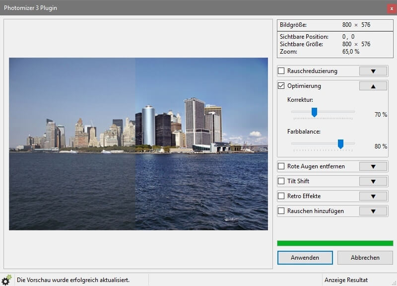 Screenshot des Photomizer 3 Plugins mit Bild von Manhattan-Skyline und Schiebereglern zur Fotooptimierung