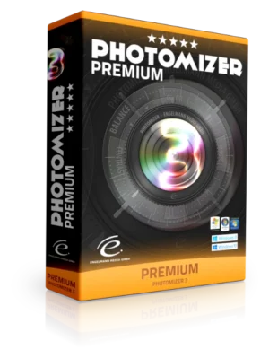 Photomizer 3 Premium Softwarebox mit orangegelbem Rand und Kameraobjektiv-Motiv