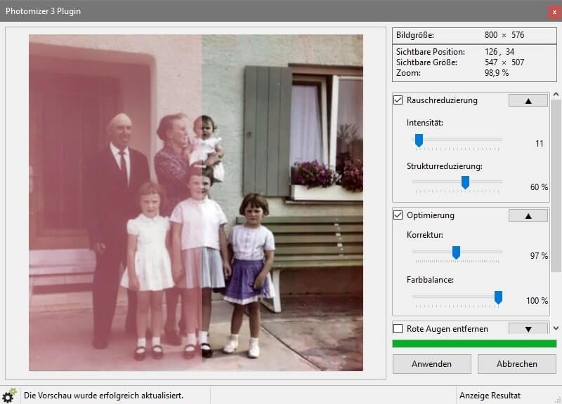 Screenshot des Photomizer 3 Plugins mit Vintage-Familienfoto und Schiebereglern zur Bildverbesserung