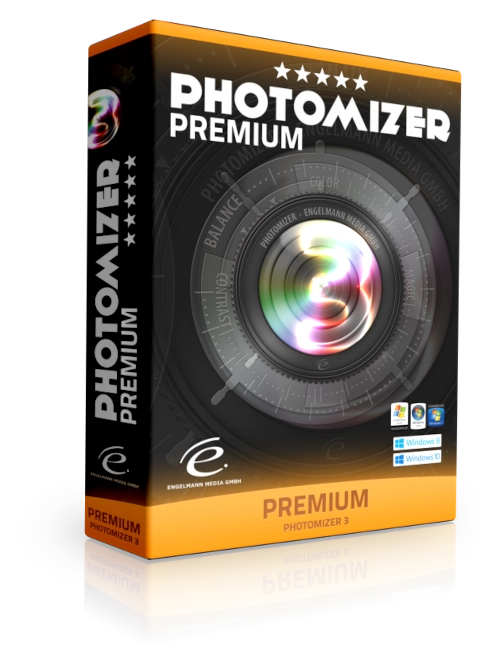 Photomizer 3 Premium Softwarebox mit orangegelbem Rand und Kameraobjektiv-Motiv