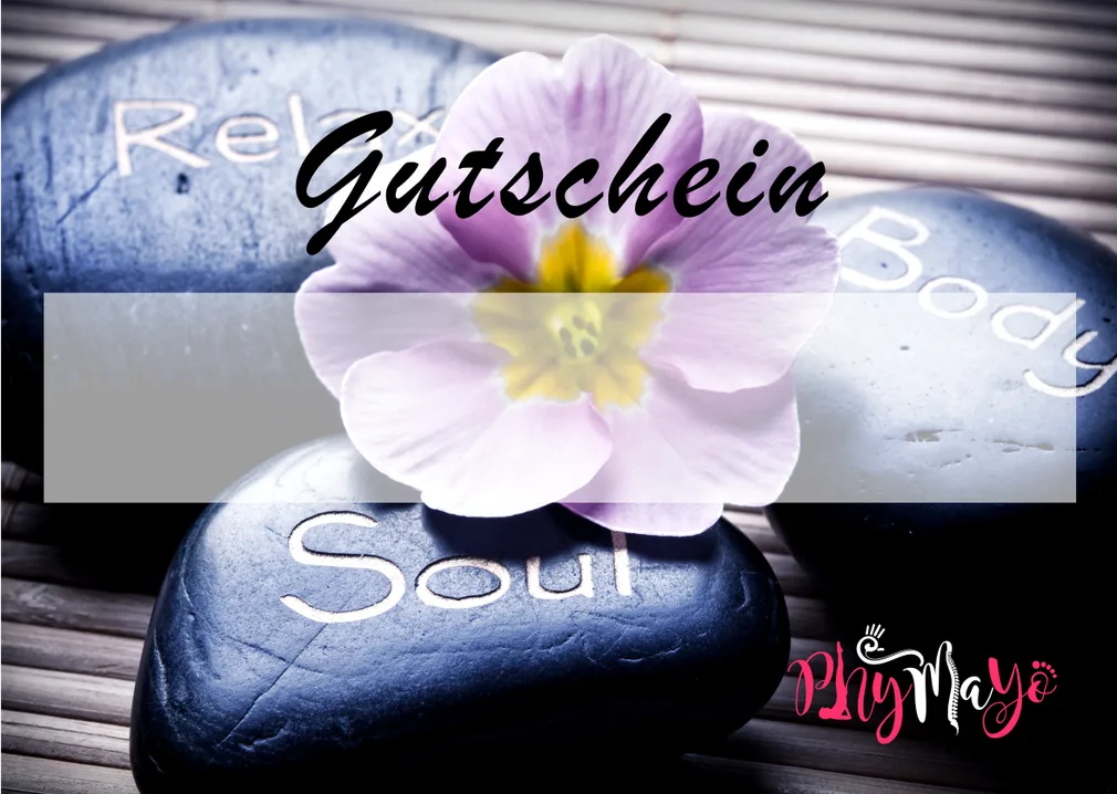 Gutschein-Vorlage mit violetter Blüte auf Stein, Text Gutschein Soul Body mit PhyMayö Logo