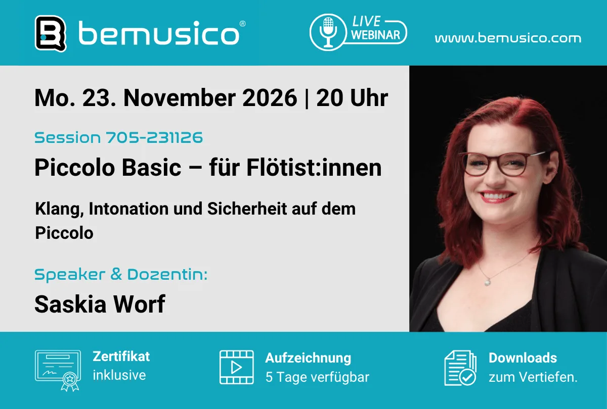 Hero-Banner für Piccolo Basic Kurs mit Kursinformationen und Porträt der Dozentin Saskia Worf