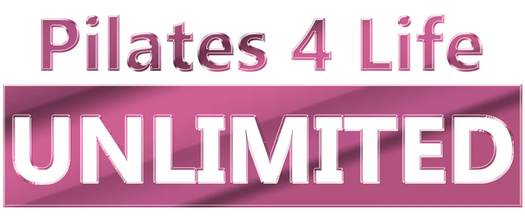 Pilates 4 Life Unlimited Logo in Pink und Magenta auf grauem Hintergrund