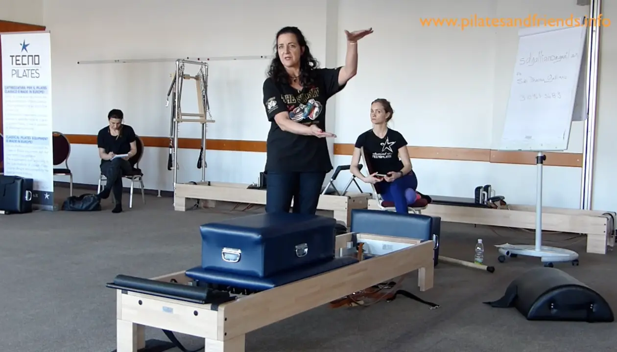 Pilates-Trainerin führt Reformer-Übung vor mit Schülerin und TECNO PILATES Signage