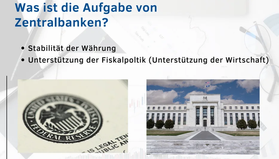 Infografik zu Aufgaben von Zentralbanken mit Federal Reserve Seal und Notenbank-Gebäude